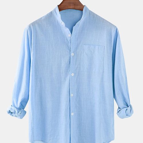 Mens Cotton & Linen Solid Color Thin Casual Long Sleeve Shirts With Pocket-shirt