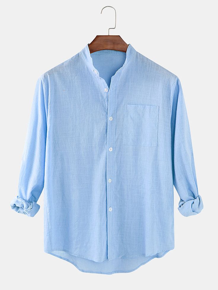 Mens Cotton & Linen Solid Color Thin Casual Long Sleeve Shirts With Pocket-shirt