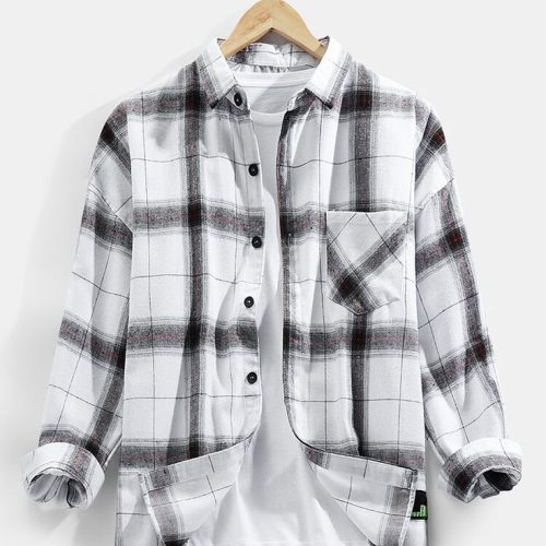 Mens Cotton Plaid Chest Pocket Long Sleeve Casual Shirt