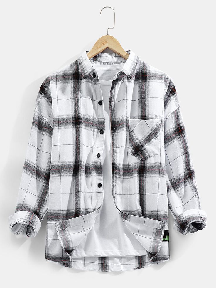 Mens Cotton Plaid Chest Pocket Long Sleeve Casual Shirt