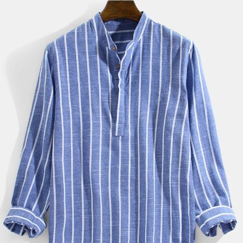 Mens Vertical Striped Stand Collar Cotton Casual Long Sleeve Shirts