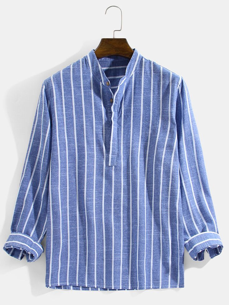 Mens Vertical Striped Stand Collar Cotton Casual Long Sleeve Shirts