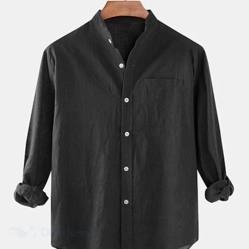 Mens Solid Color Stand Collar Long Shirt