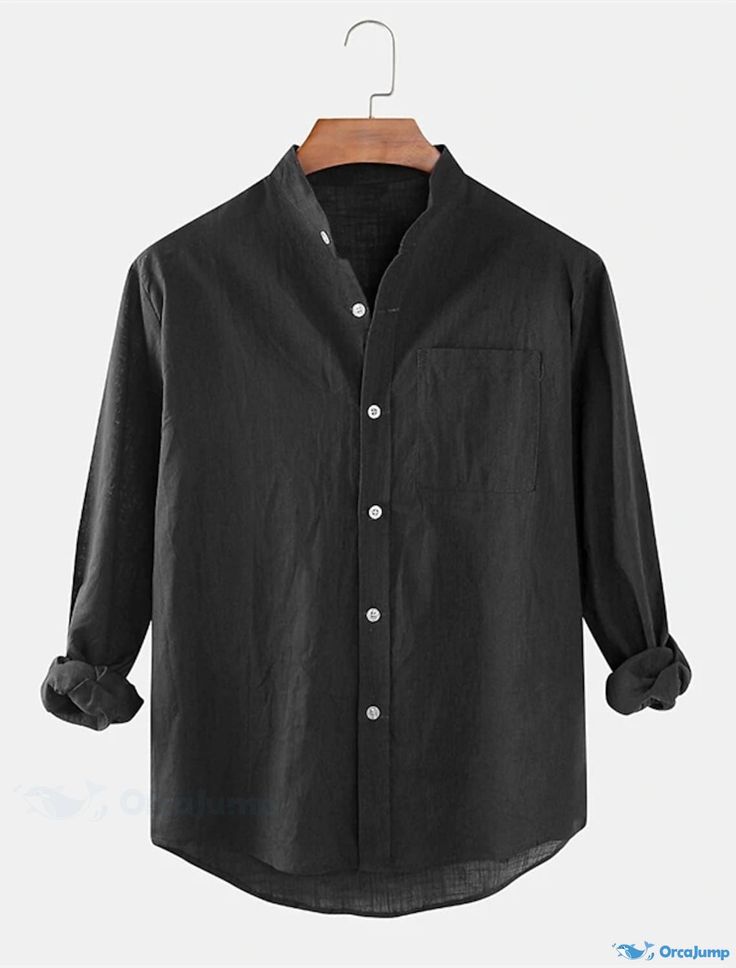Mens Solid Color Stand Collar Long Shirt
