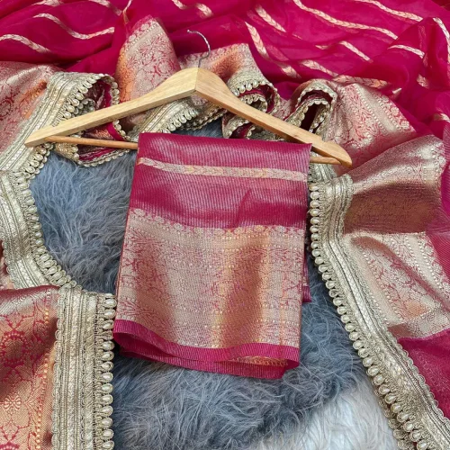 Rani Pink Kora Organza Silk Designer Lace Work Banarasi Saree