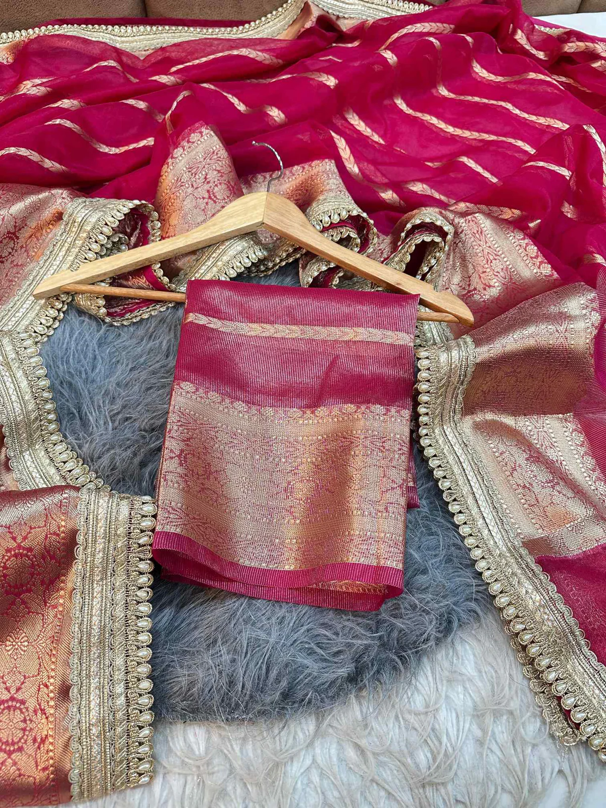 Rani Pink Kora Organza Silk Designer Lace Work Banarasi Saree