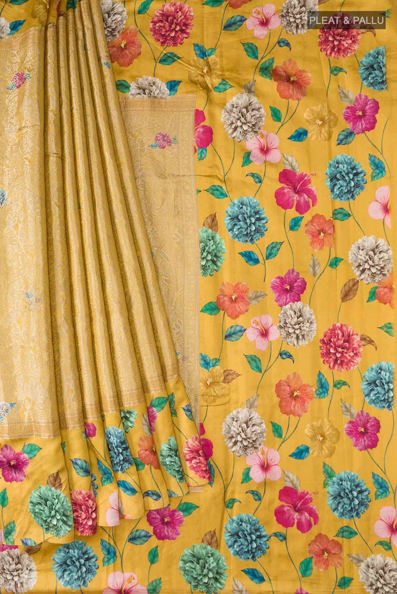 Yellow Banarasi Raw Silk Saree - Image 2